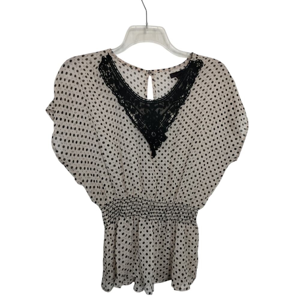 5353) JW Style Sheer Polkadot Fairly Black Lace Smocked Waist Feminine Top Med